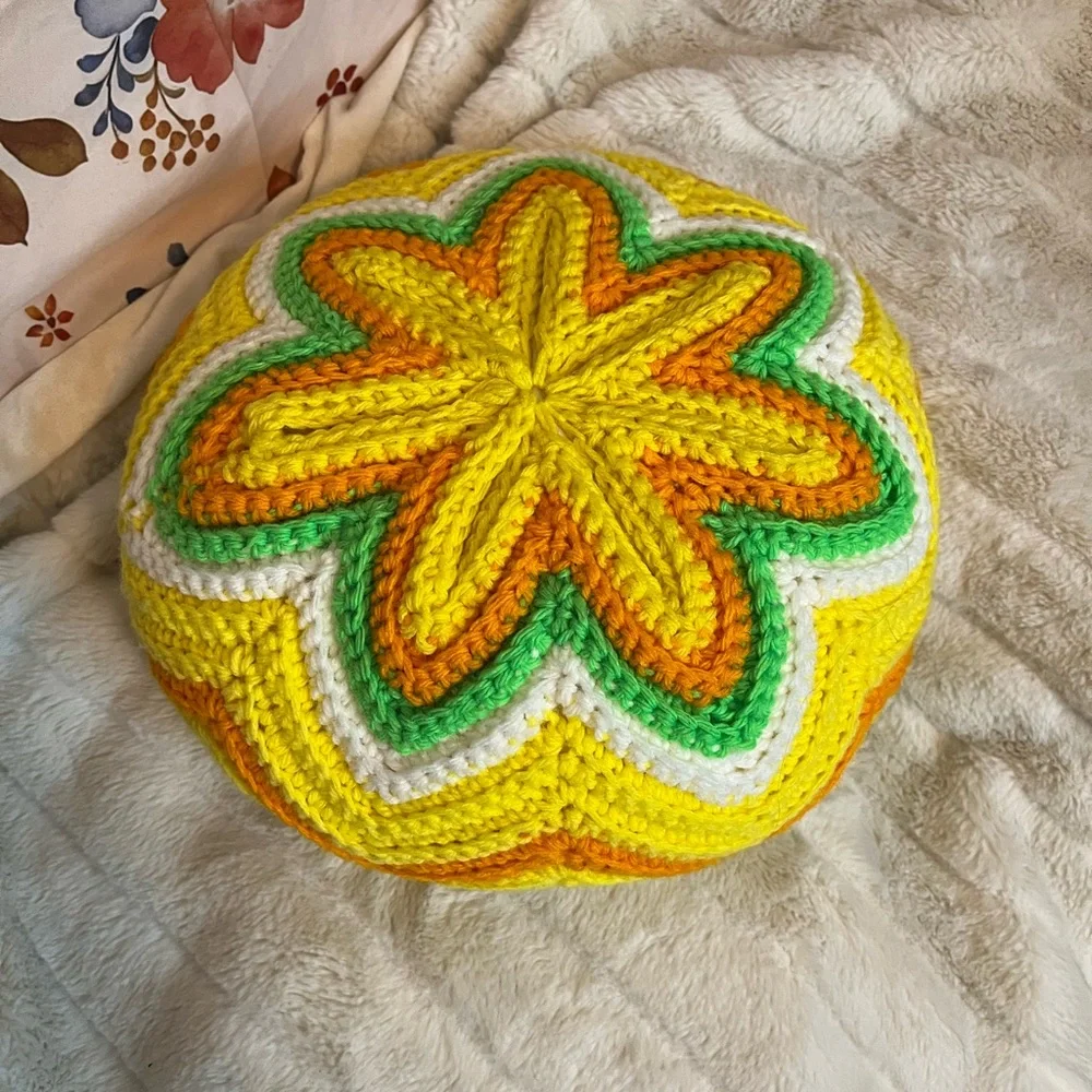 VTG Crochet Handmade Hippie Boho Yellow Green White Pom Decor Throw Neon Pillow